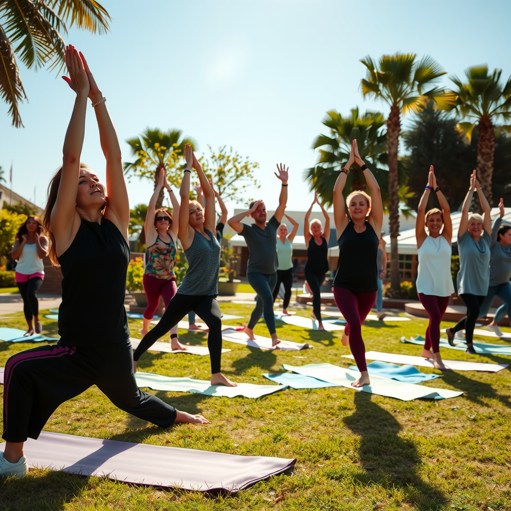 健康的なライフスタイルを実践する人々が屋外でヨガやストレッチをしている明るく活気のある風景