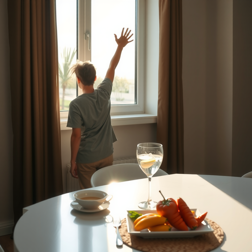 朝の窓辺で伸びをする人、新鮮な水とヘルシーな朝食が並ぶテーブル、自然光が差し込む明るい空間