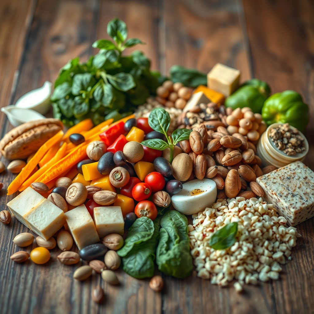 木製のテーブルに並べられた豆類、ナッツ、種子、豆腐、キヌアなど、カラフルな植物性タンパク質源の配列