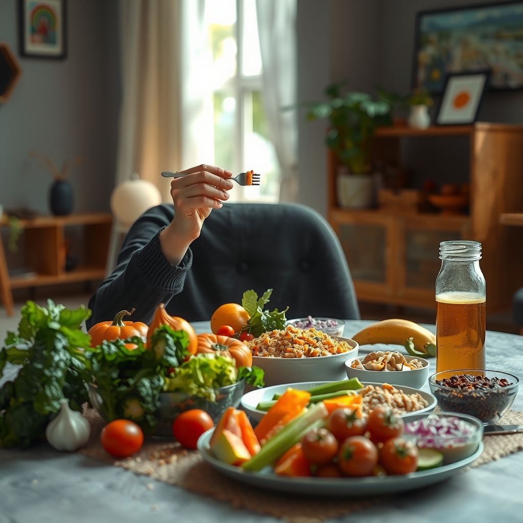 静かな環境で瞑想的に食事をする人。テーブルには新鮮な野菜、果物、全粒穀物が美しく盛り付けられ、自然光が差し込む穏やかな雰囲気の中で、一口一口を意識的に味わっている様子