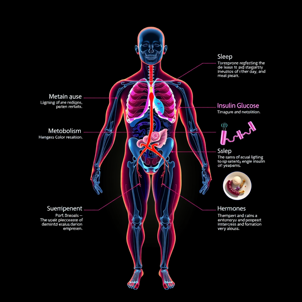 人体の代謝システムを示す科学的なイラスト。インスリン、グルコース、ホルモンの相互作用を視覚的に表現し、睡眠が代謝に与える影響を示している図