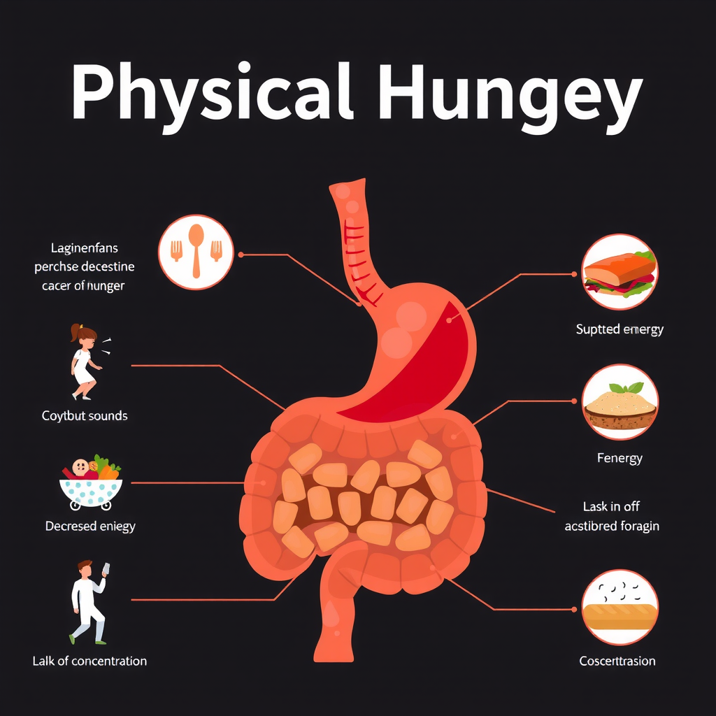 身体的な空腹を示すインフォグラフィック。胃の図解と共に、空腹のサイン（胃の音、エネルギー低下、集中力の欠如）が視覚的に表現されている