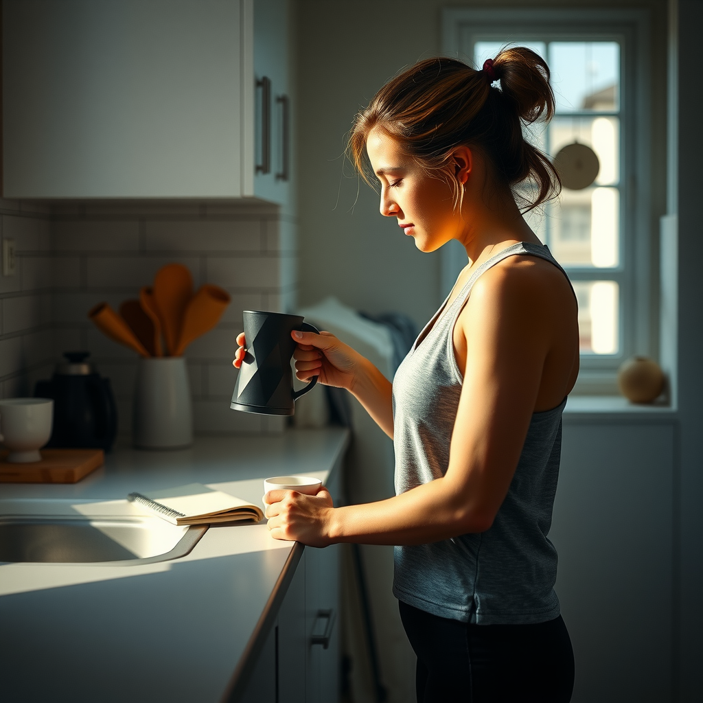 朝のルーティンの連続：キッチンでコーヒーを淹れた後、自然光の中で簡単なストレッチを行う様子