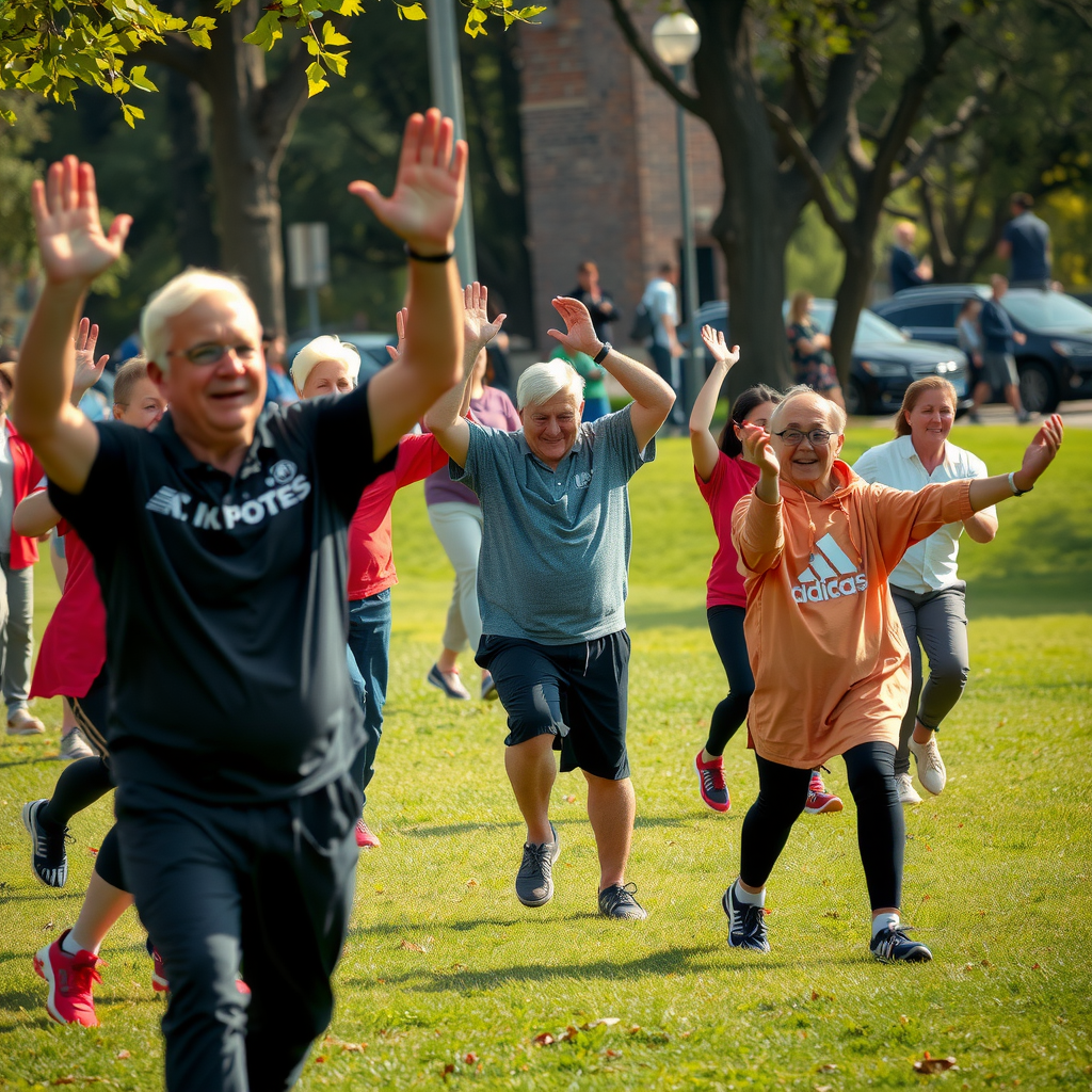 多様な年齢層の人々が公園で様々な運動やアクティビティを楽しんでいる包括的で活気のある風景