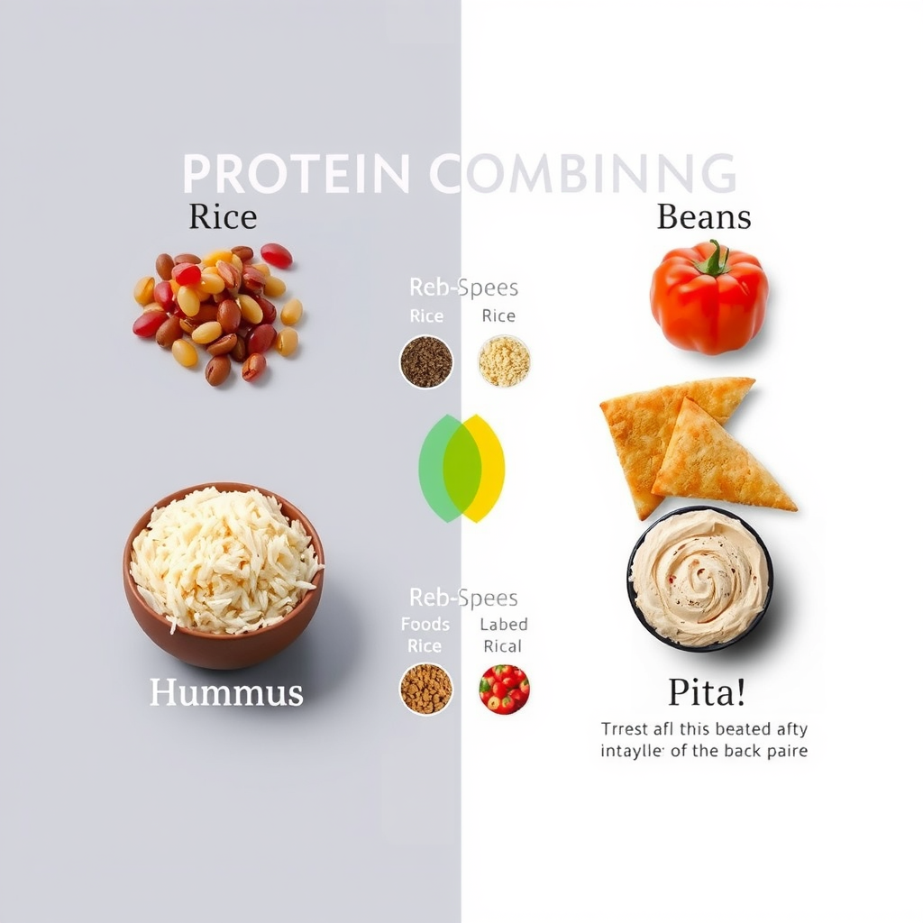 米と豆、フムスとピタなど、補完的な食品ペアを示すタンパク質組み合わせの視覚的ガイド