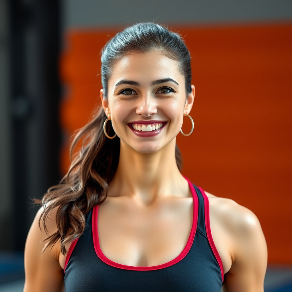 笑顔の女性、フィットネスインストラクター、スポーツウェアを着用、明るい背景