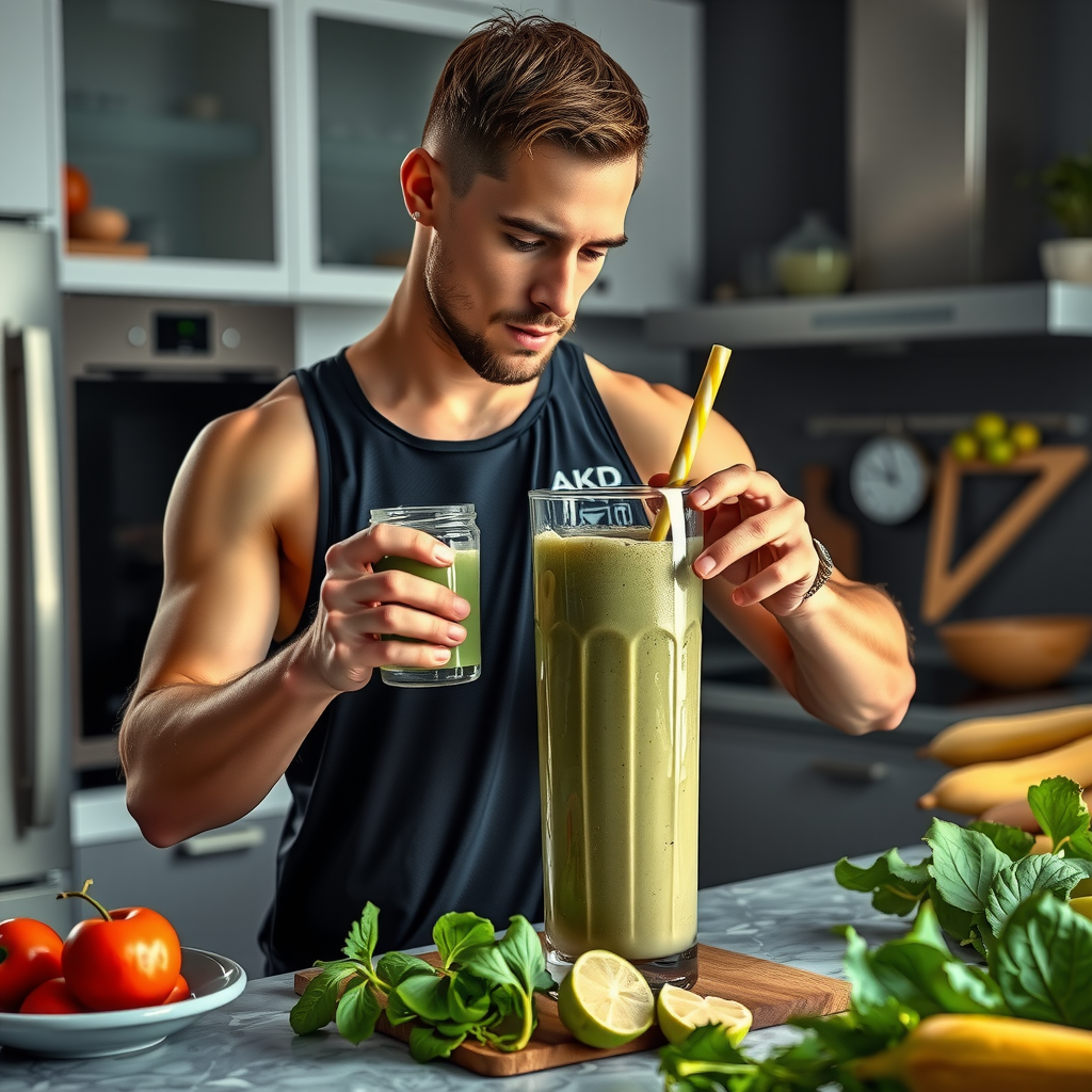 新鮮な材料が見えるモダンなキッチンで植物性プロテインスムージーを準備するアスリート