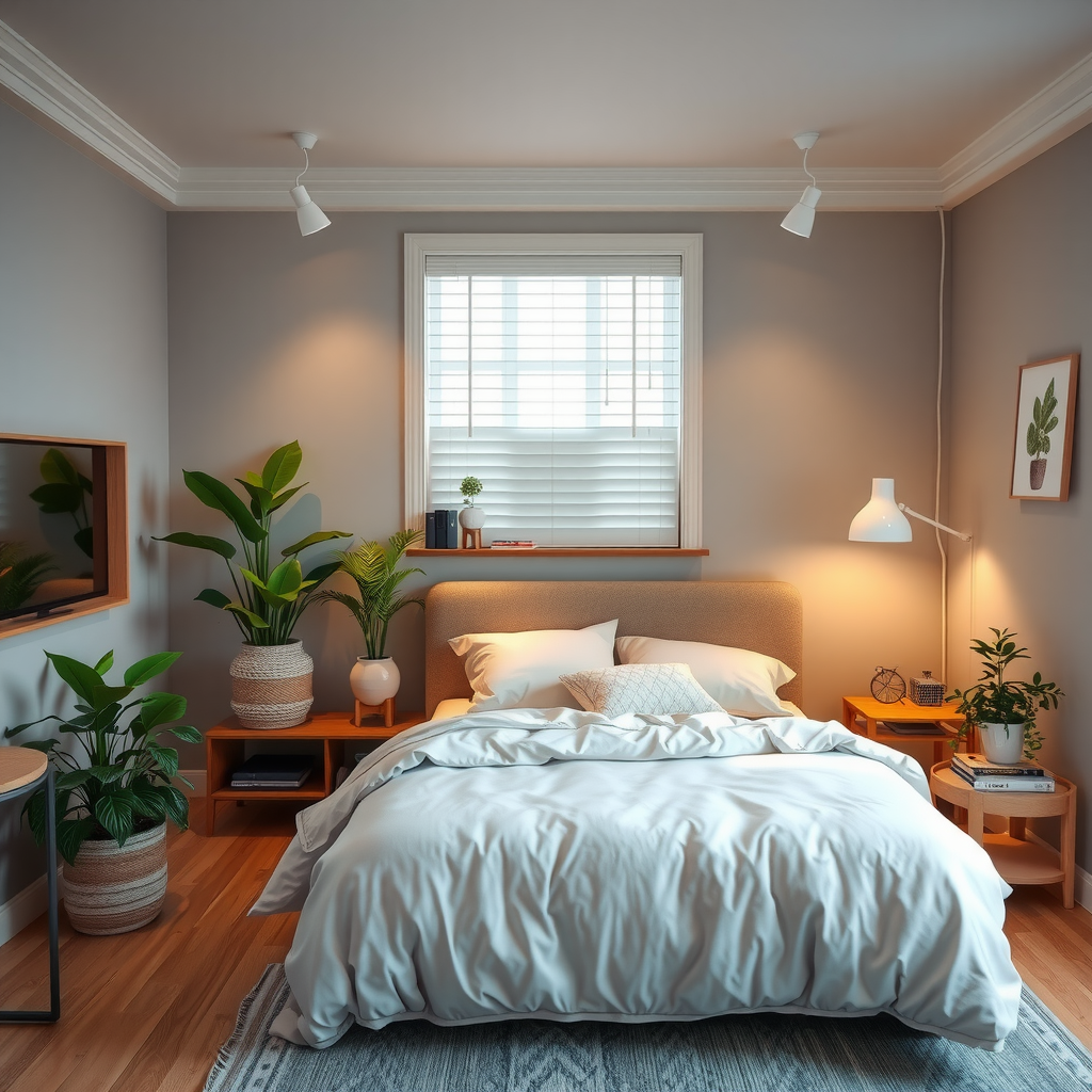 理想的な睡眠環境を示す寝室の写真。適切な照明、快適な寝具、整理整頓された空間、観葉植物、そして落ち着いた色調のインテリアが特徴的な部屋