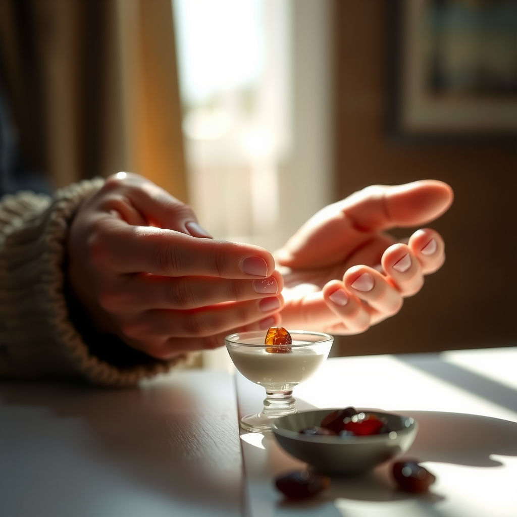 静かな空間で、小さなボウルに入ったレーズンを一粒手に取り、じっくりと観察している人の手元のクローズアップ。柔らかな自然光が差し込み、瞑想的な雰囲気を醸し出している