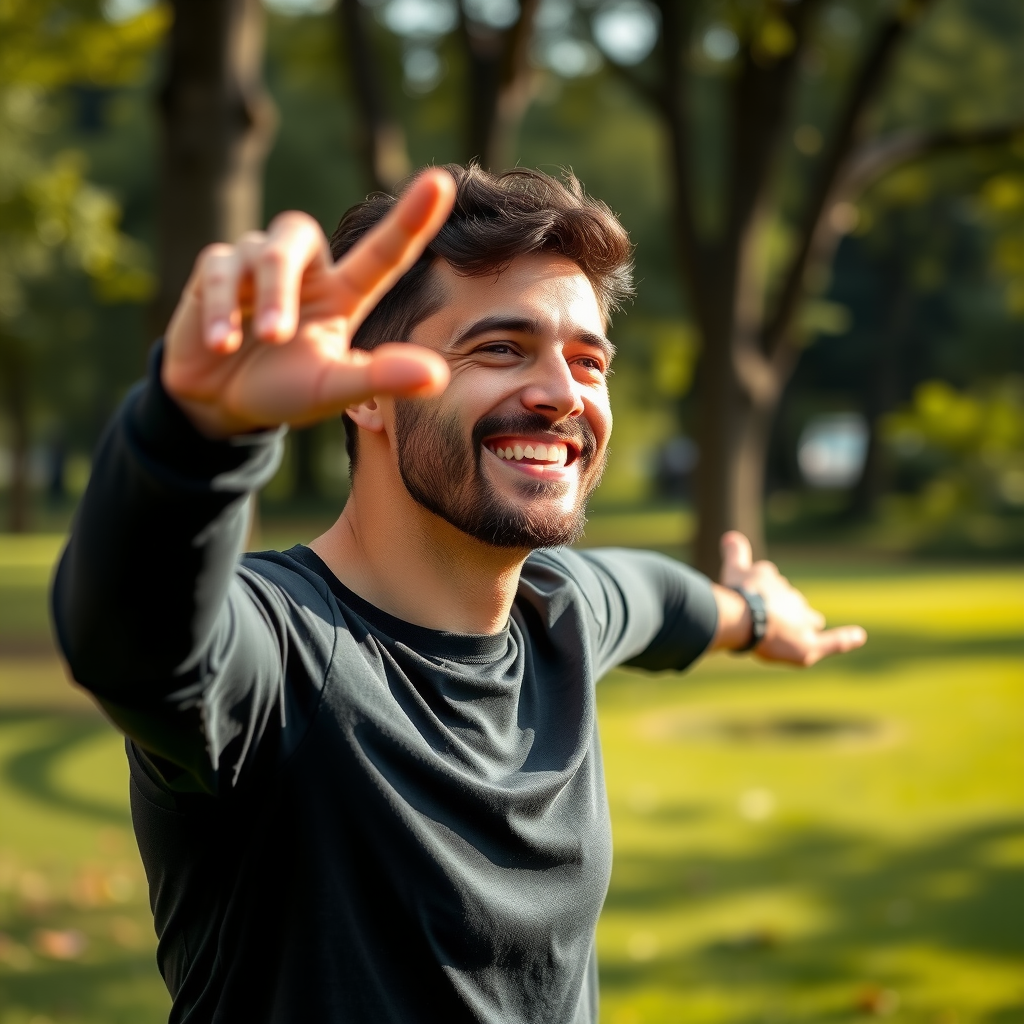 公園で屋外運動中に笑顔を見せる人物。自然に囲まれ、喜びと活力を表現している