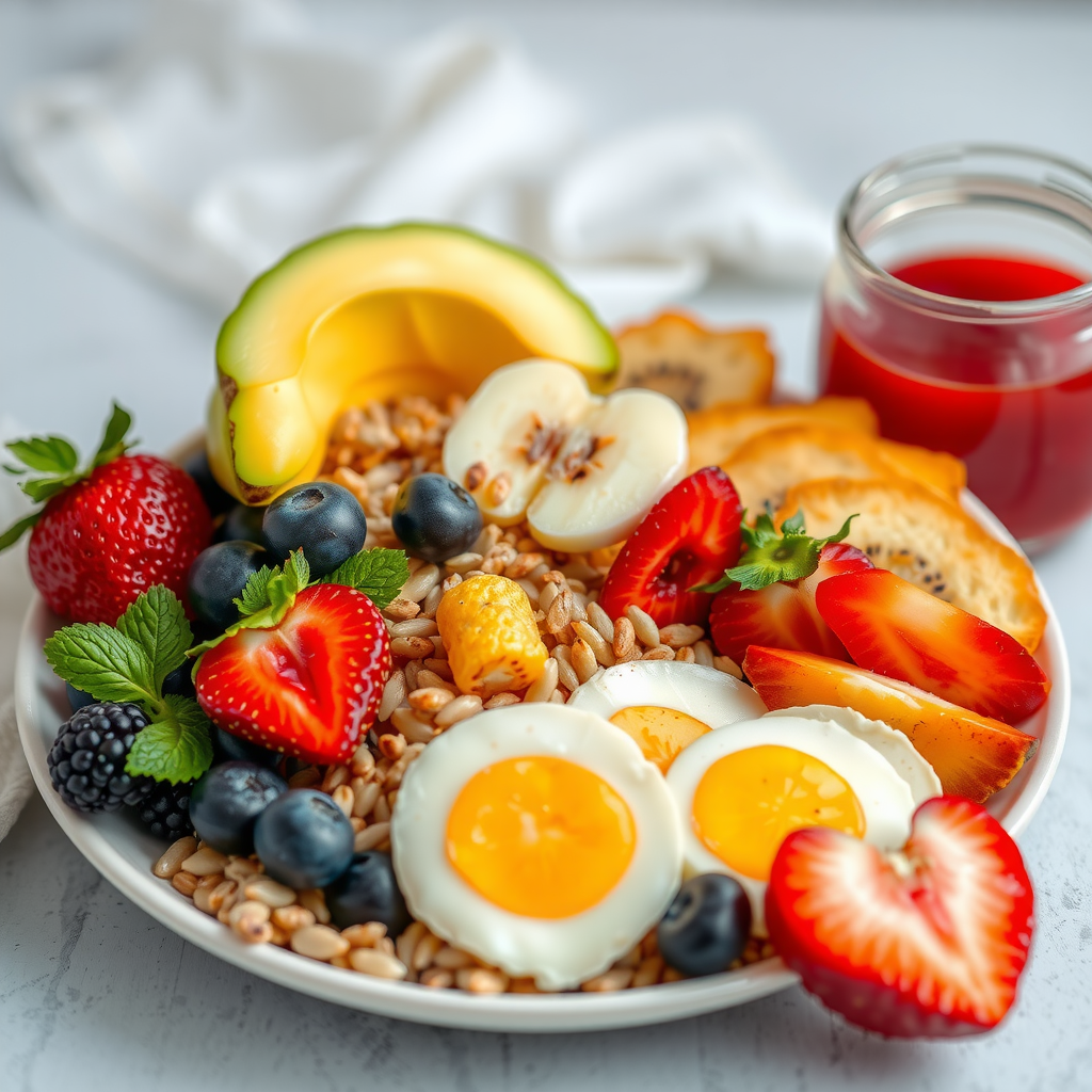 全粒穀物、新鮮な果物、タンパク質を含む栄養バランスの取れた健康的な朝食。色鮮やかで食欲をそそる盛り付け