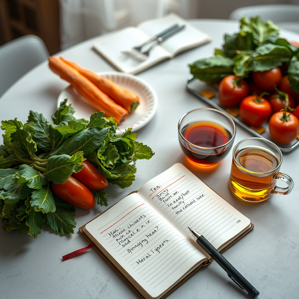 開かれたノートとペン、その横に新鮮な野菜とハーブティーが置かれたテーブル。ノートには食事記録と感情のメモが丁寧に書かれており、自己観察と内省の雰囲気が漂っている