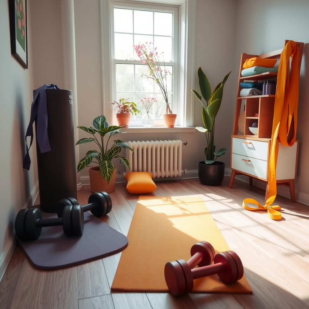 明るい部屋に整理されたヨガマット、ダンベル、レジスタンスバンドのある自宅ワークアウトコーナー