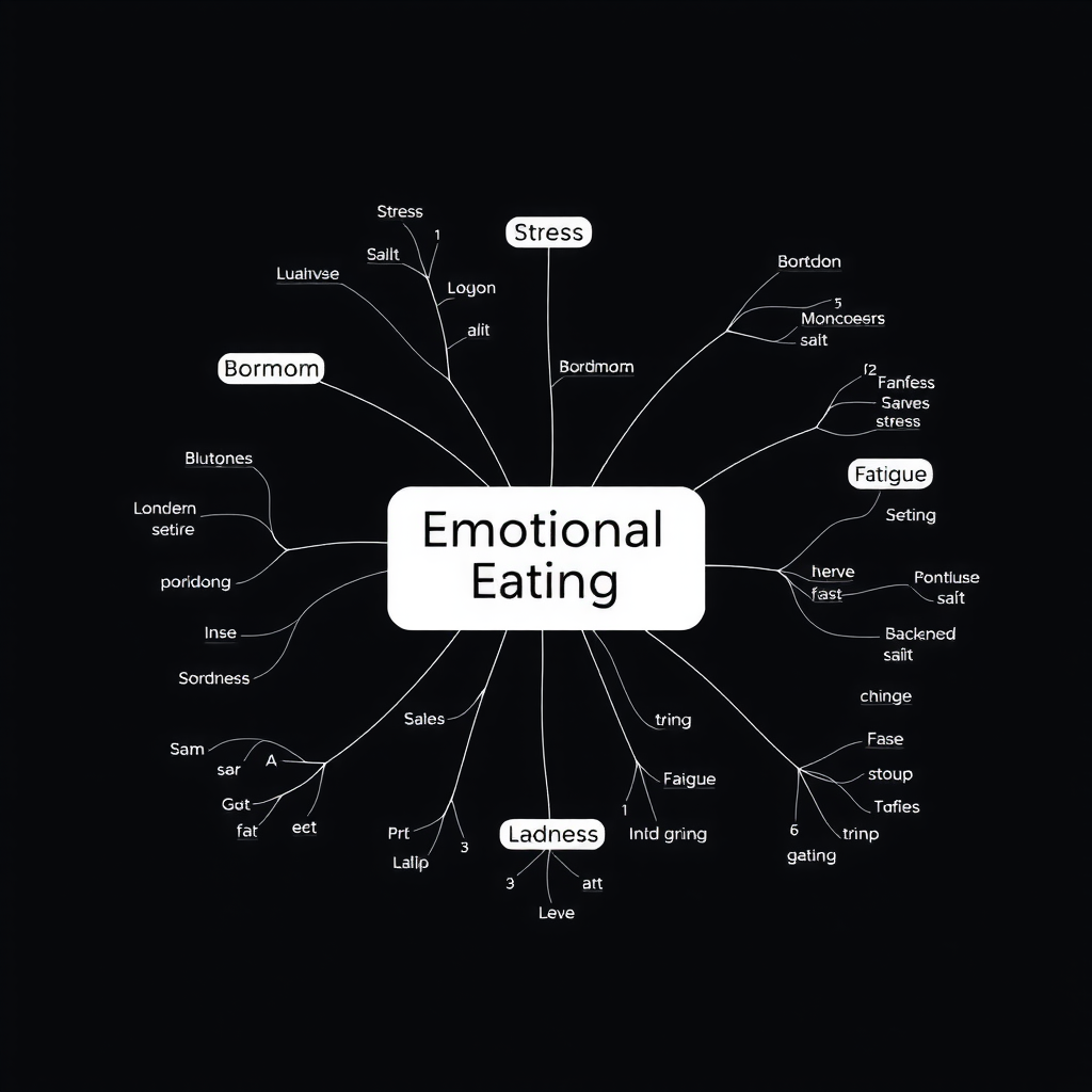 感情的な食事のトリガーを示すマインドマップ。中心に「感情的な食事」、周囲にストレス、退屈、孤独、悲しみ、疲労などの感情が枝分かれして描かれている