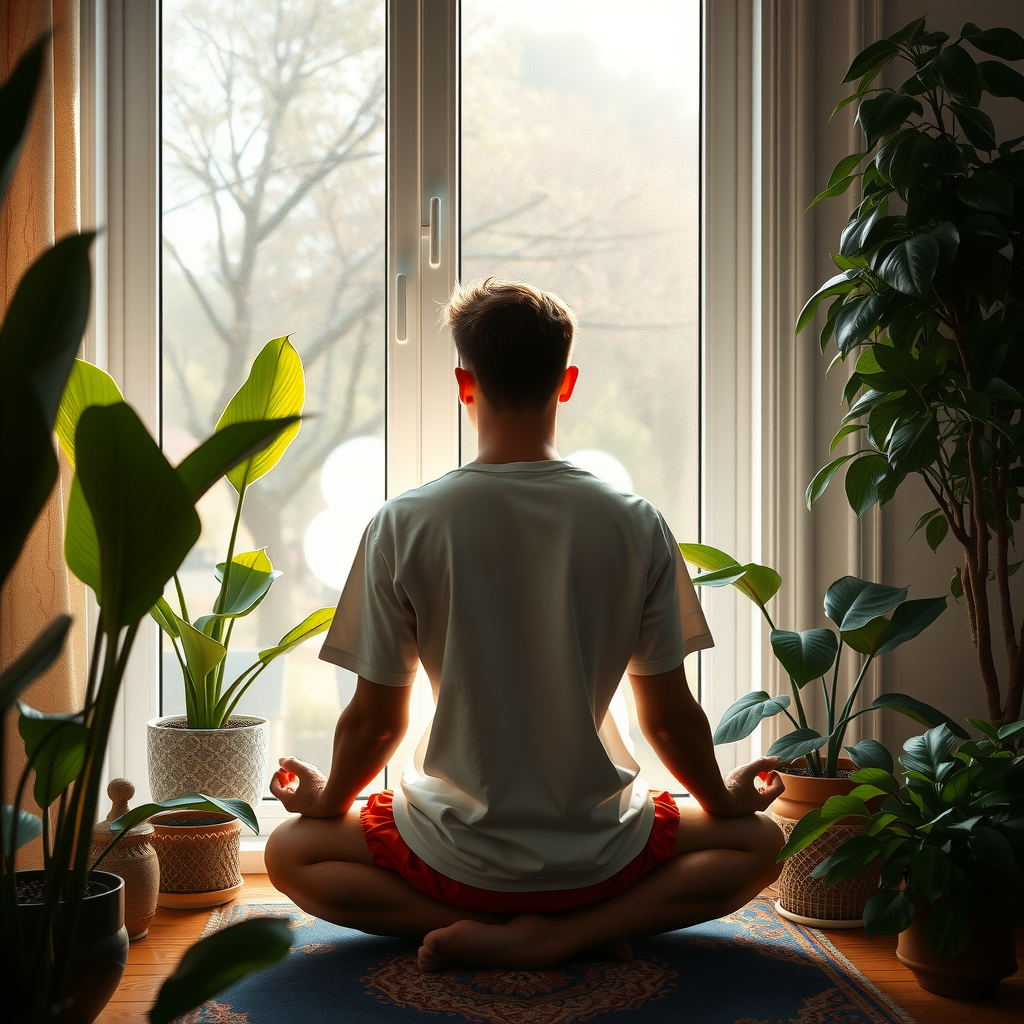 朝の静かな時間に、窓辺で瞑想している人。周囲には観葉植物があり、柔らかな朝日が差し込んでいる。穏やかで平和な雰囲気の中、マインドフルネスを実践している様子