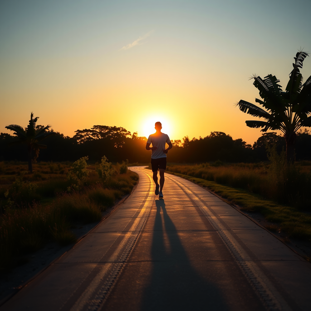 夕日の中を小道を歩く人物の穏やかなシーン。長期的なフィットネスの旅と持続可能な習慣を象徴