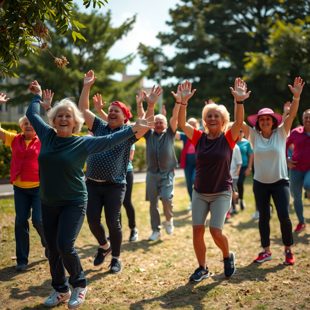 様々な年齢の人々が屋外で楽しそうにグループエクササイズをしている活気のある風景